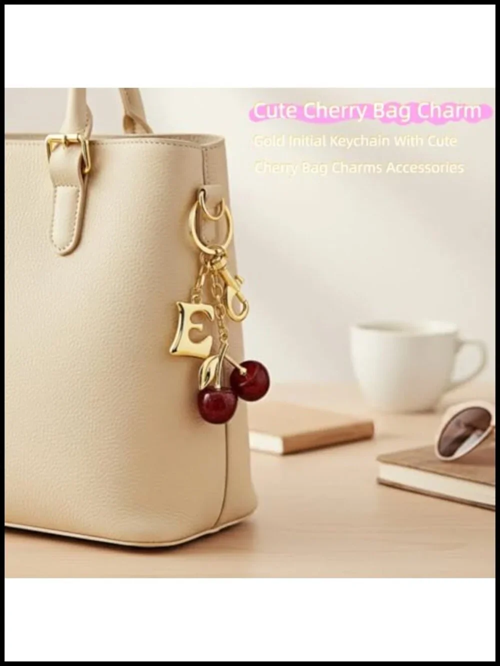 Gold Letter Bubble Initial Keychain Cute Cherry Bag Charm Purse Charm